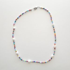 Rainbow Seed Bead And Pearl Dainty Necklace